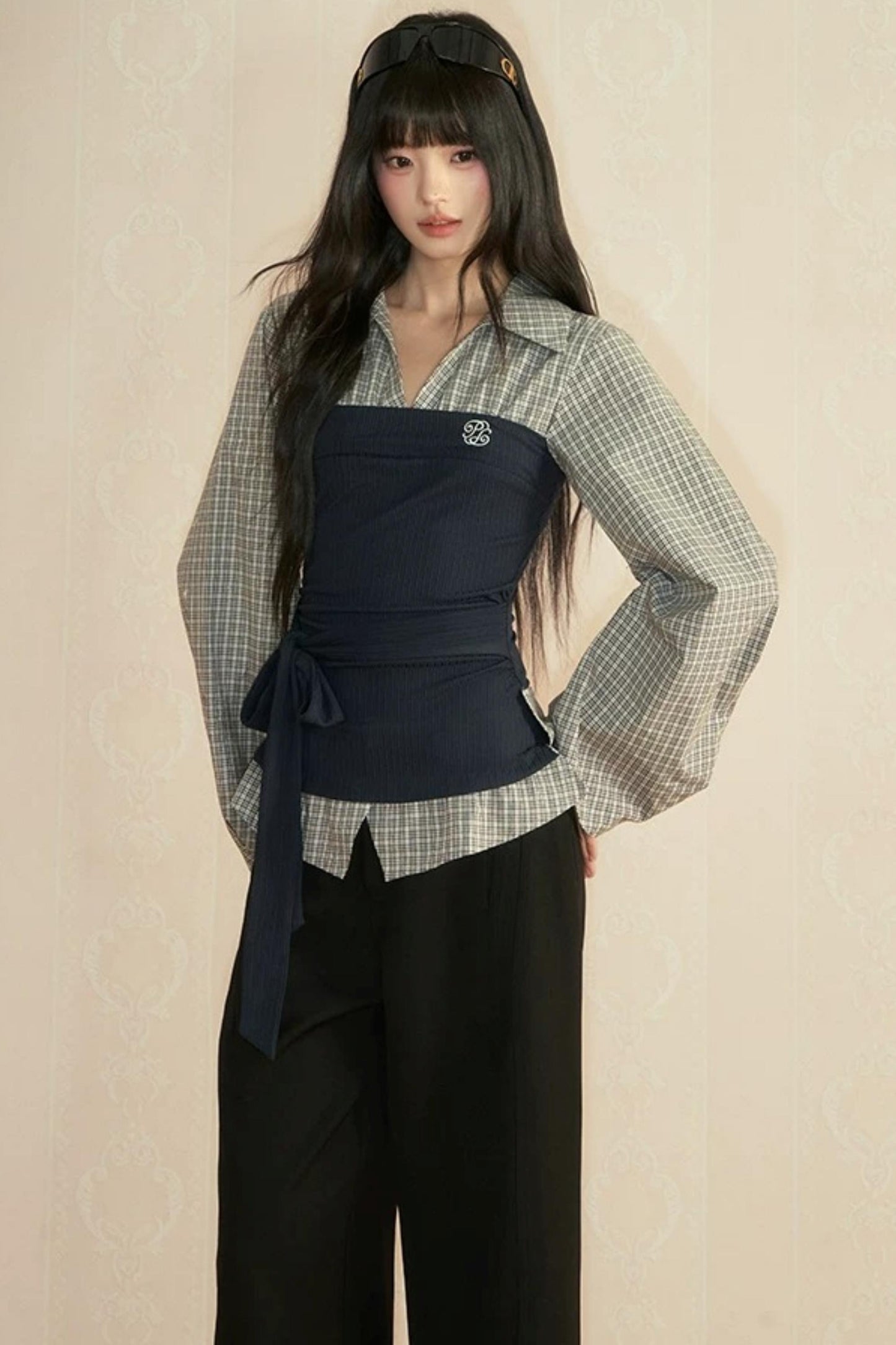 Color-Block Patchwork Blouse and Pants Set-Up