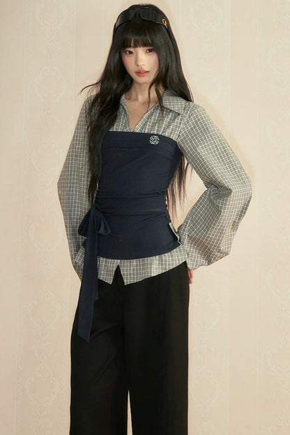 Color-Block Patchwork Blouse and Pants Set-Up