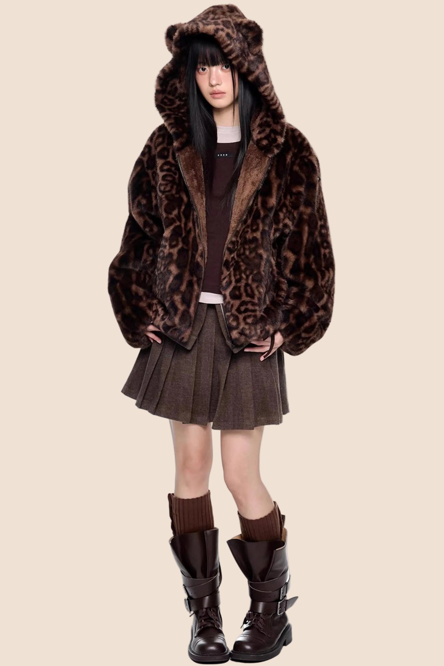 Leopard Print Hooded Furry Cotton Jacket