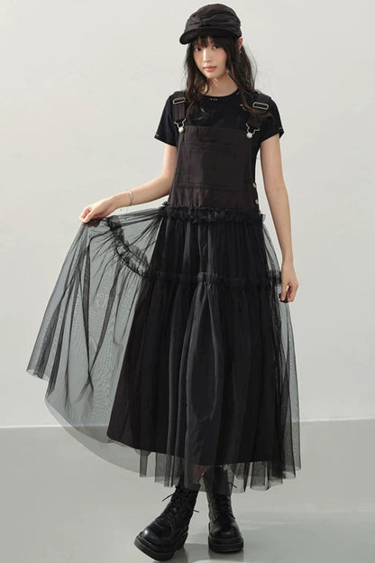 Black Denim Mesh A-Line Dress