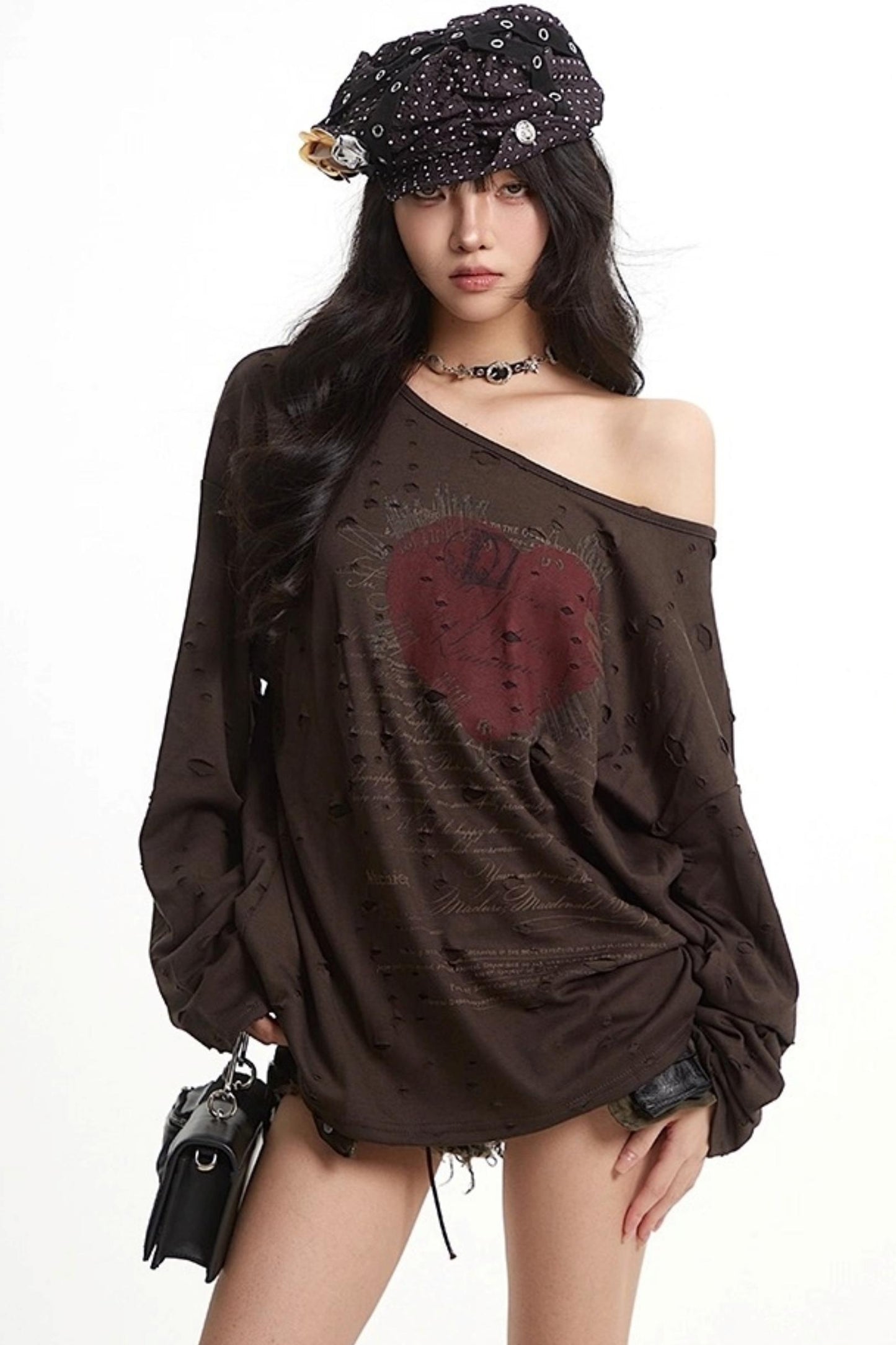 Vintage Love Print Slanted Shoulder T-Shirt