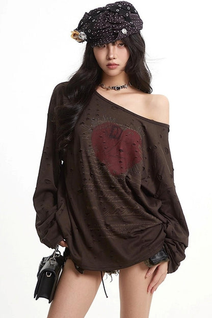 Vintage Love Print Slanted Shoulder T-Shirt