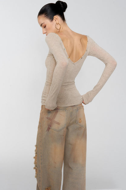 Diamond Khaki V-Neck One-Shoulder Top