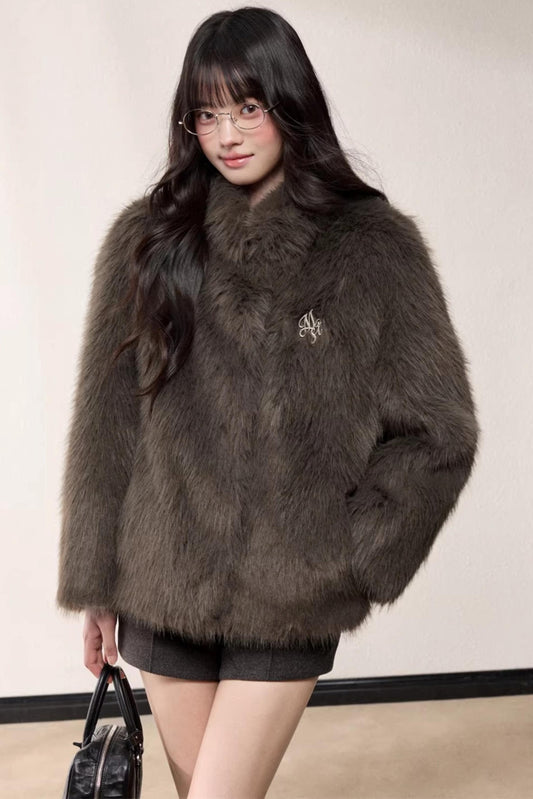 Eco-Friendly Fur Stand-Up Collar Coat