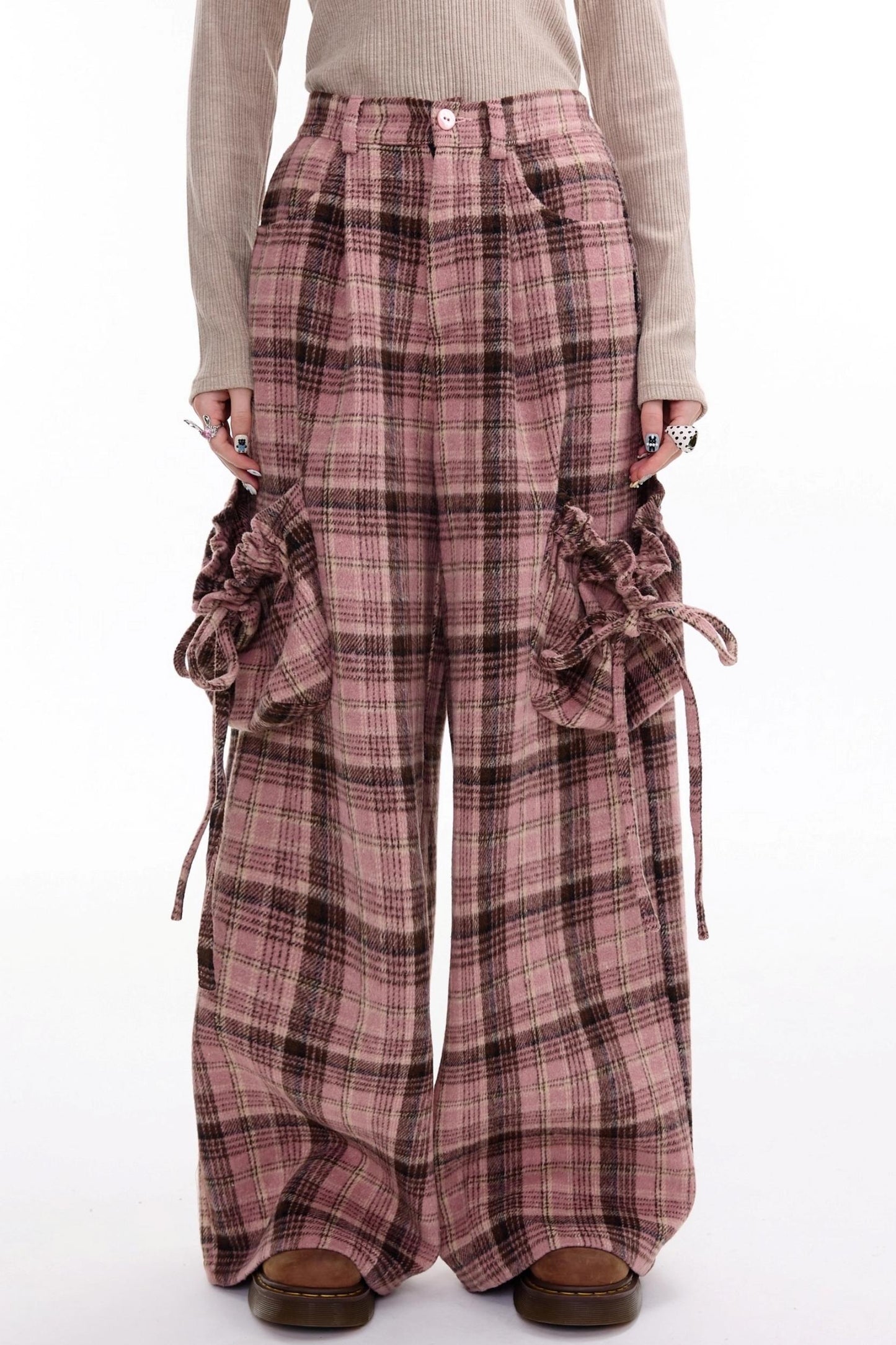 American Pink Plaid Wide-Leg Slacks