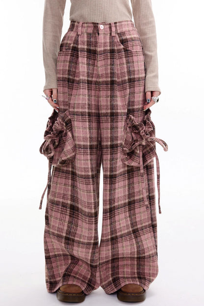 American Pink Plaid Wide-Leg Slacks