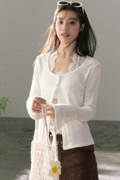 Lace-Detail Micro-Flare Knit Top