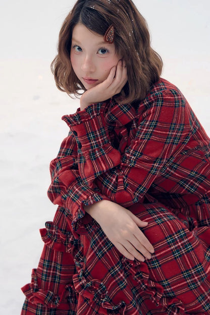 Retro Red Plaid Ruffle Dress