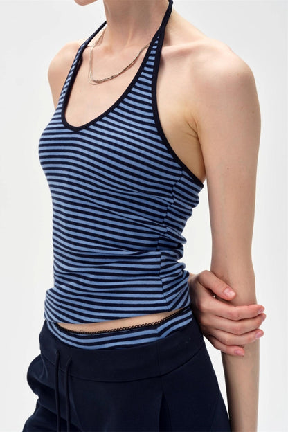 Slim Waist Halterneck Striped Top