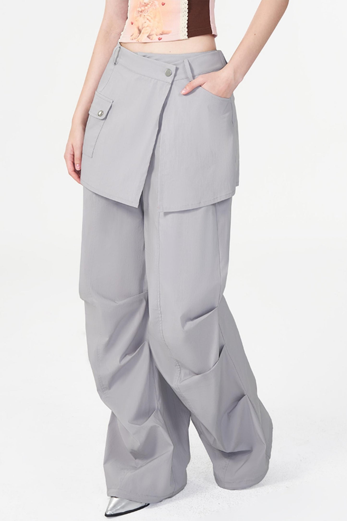 Gray Layered Pleat Work Trousers