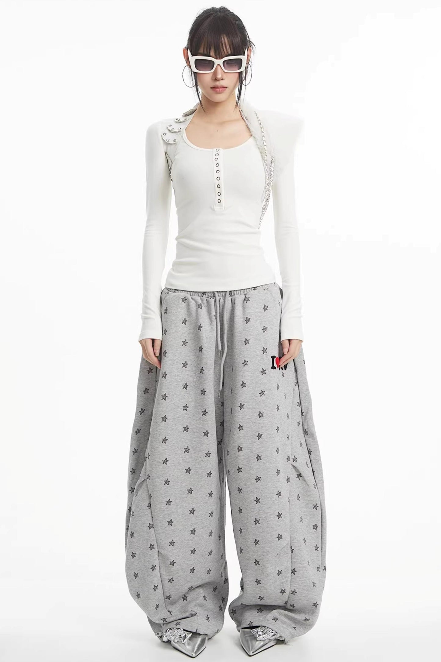 회색 별 프린트 와이드 레그 팬츠
