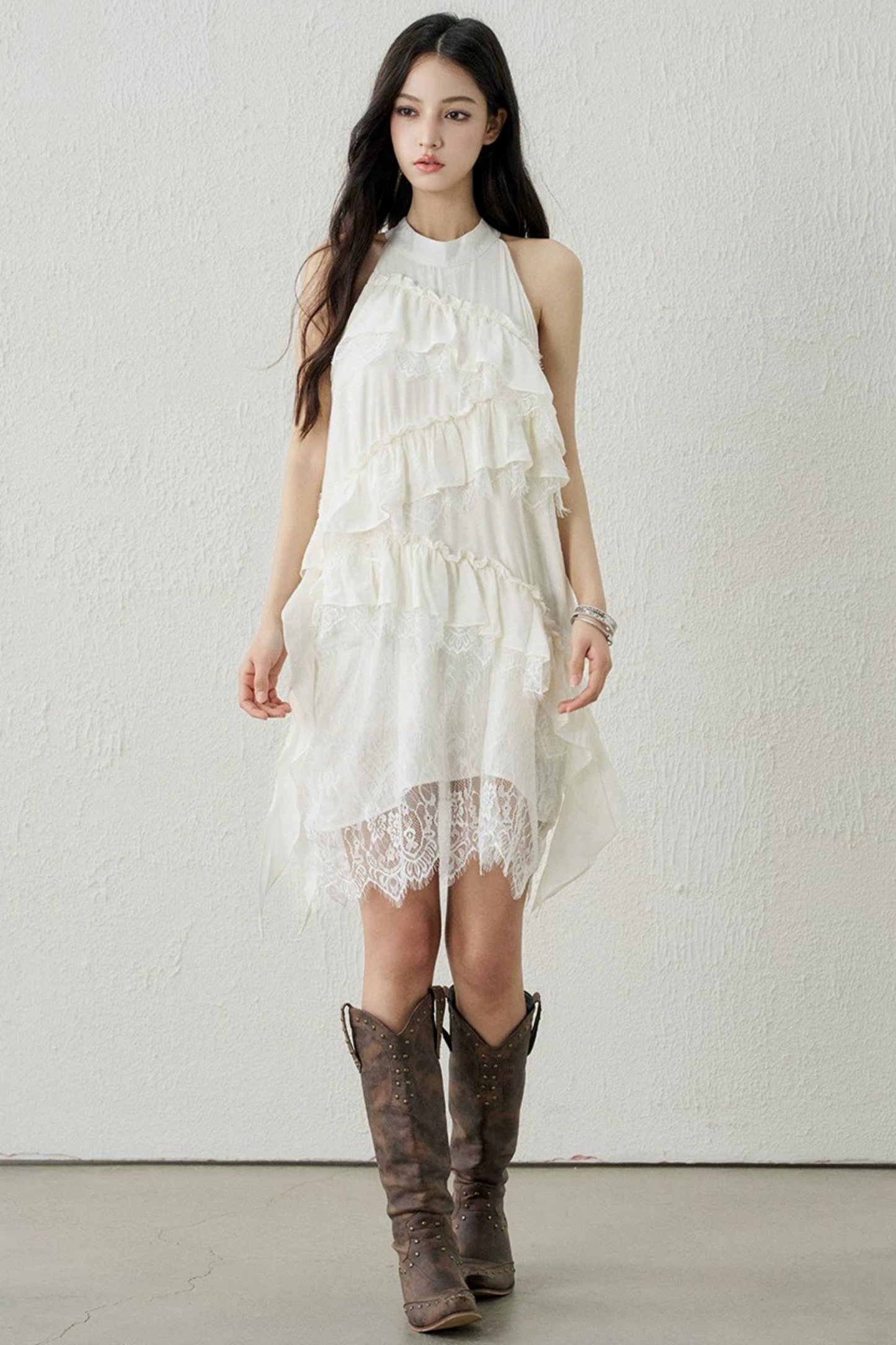 Apricot Lace Ruffle Dress