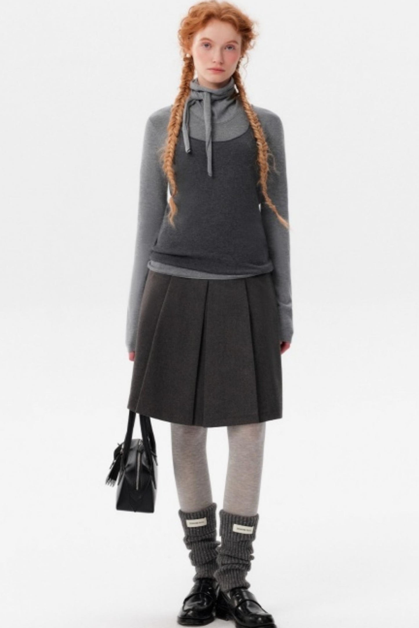 Gray Wool Scarf Collar Top Set-Up