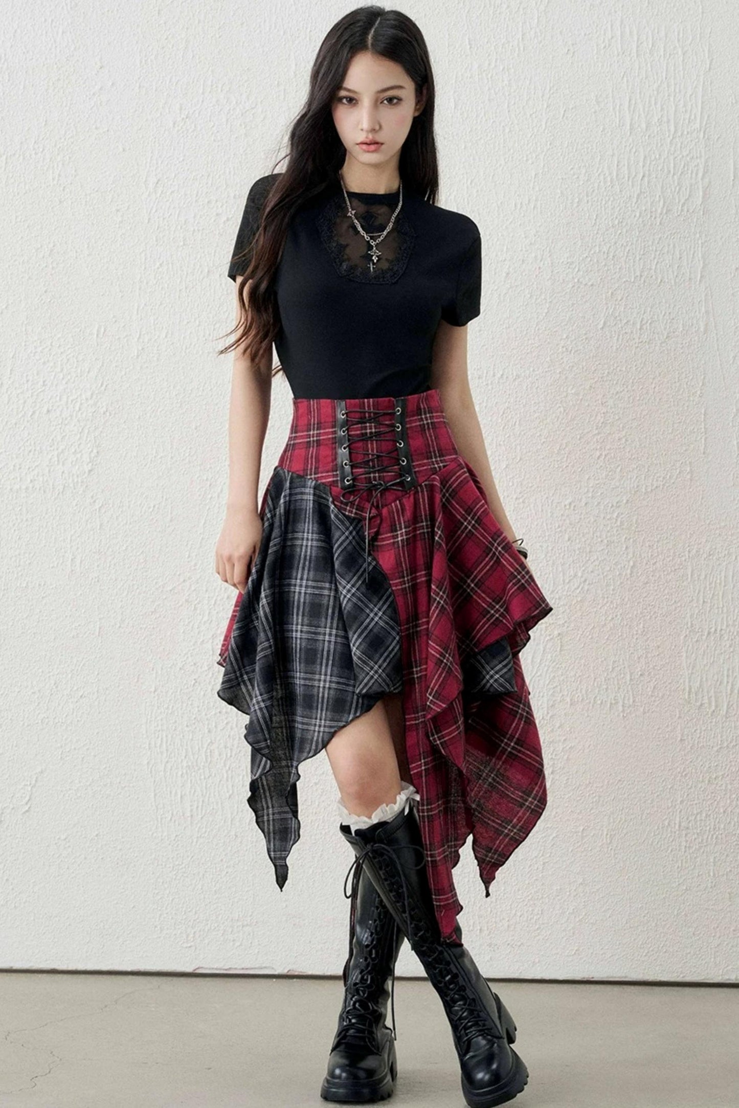 Irregular Plaid Patchwork Skirt