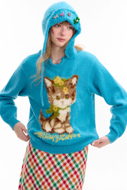 Cat Pattern Blue U Neck Sweater
