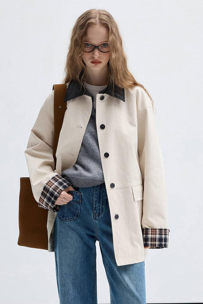 Check Contrast PU Leather Trench Coat