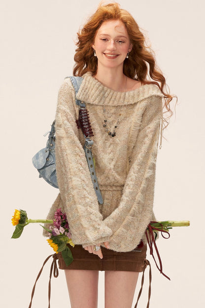 Lapel Tie Waist-Cinching Knit Sweater