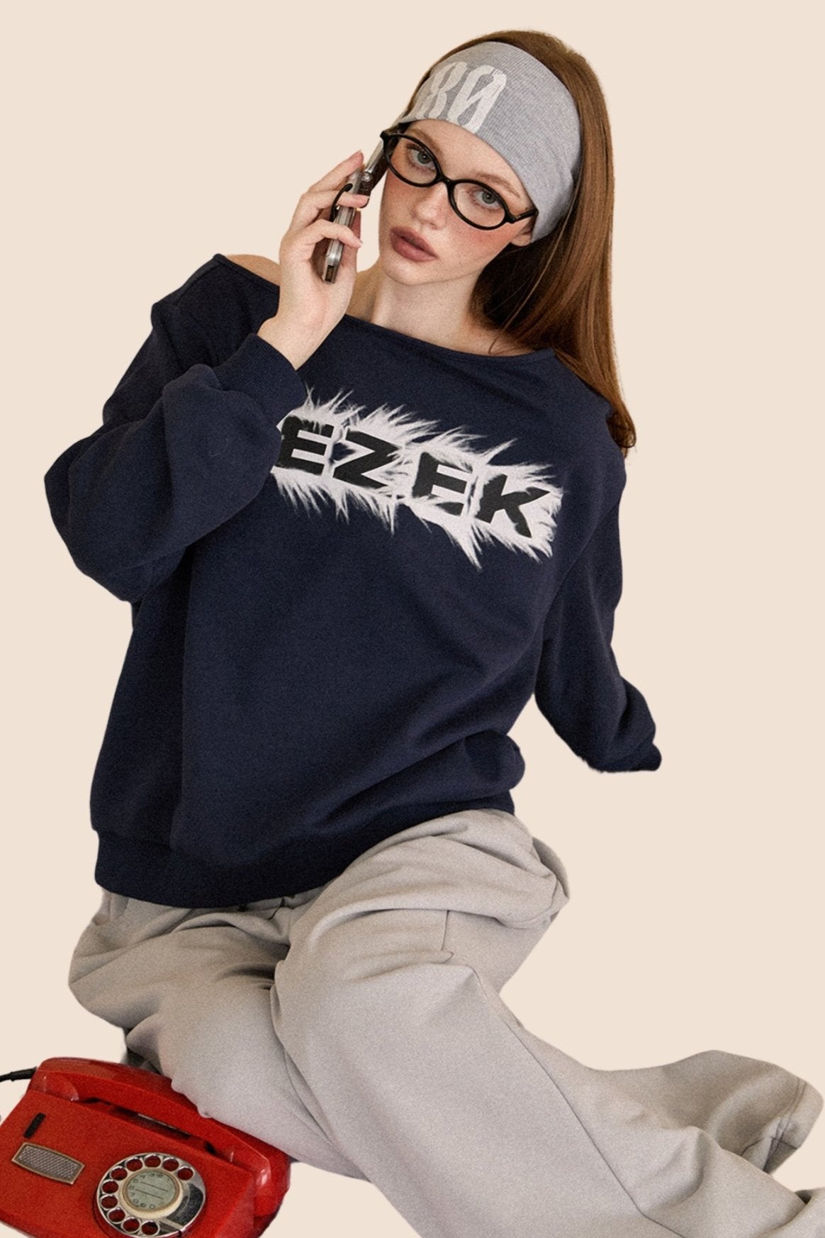 Retro Navy Slanted Shoulder Sweatshirt