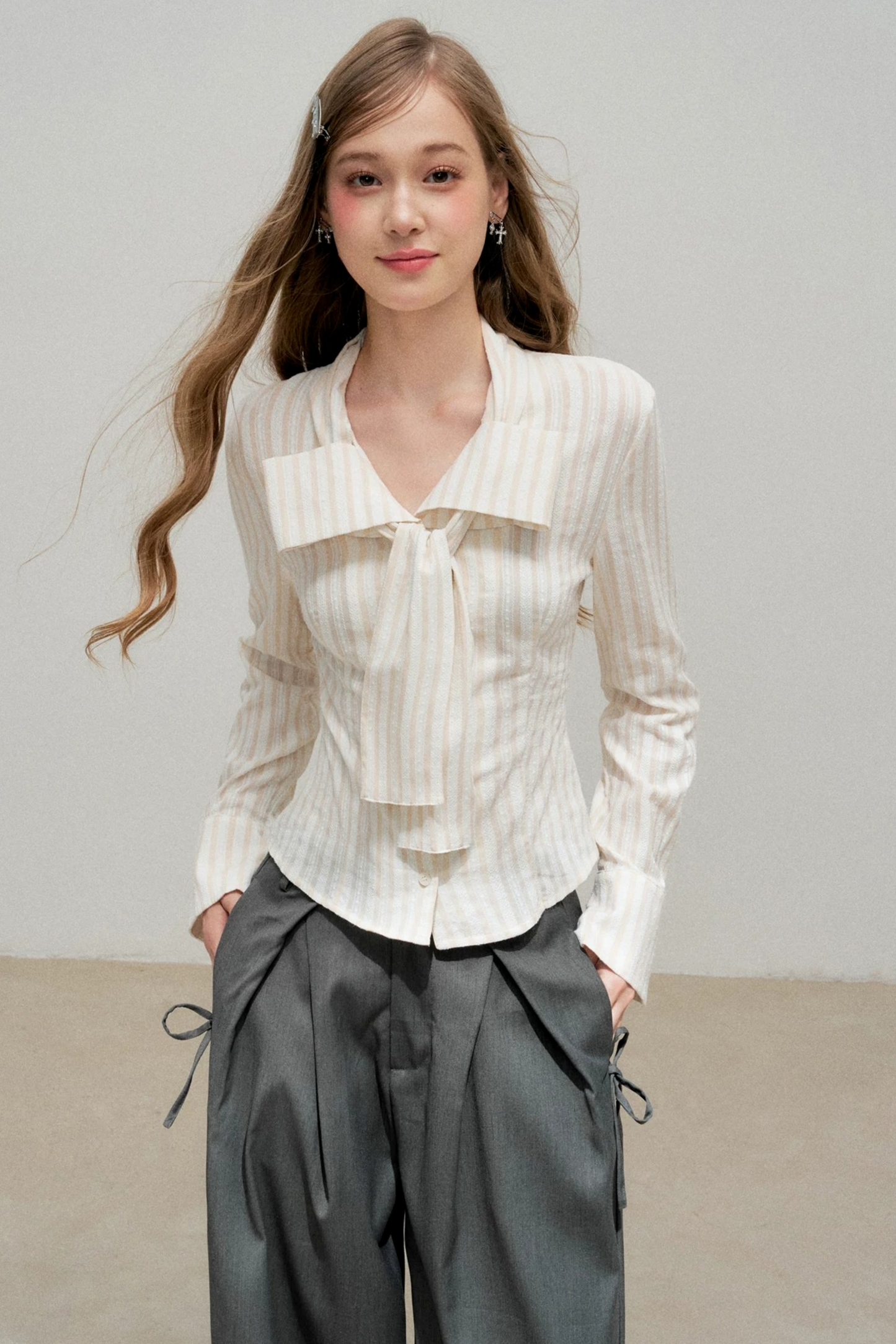 Three-Dimensional Bow Striped Blouse