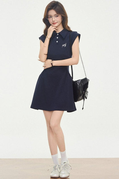 Navy Knitted Polo Dress
