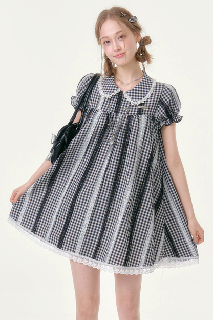 Retro Plaid Doll Collar Lace Dress