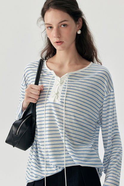 Nautical Blue Striped Tencel Long-Sleeved Smock