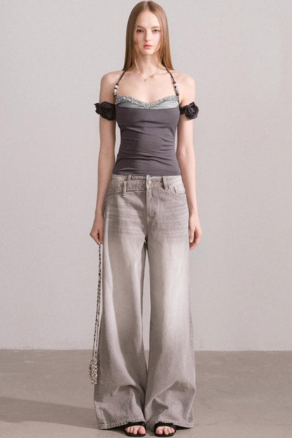 Vintage Lace-Waist Wide-Leg Jeans