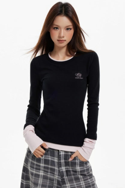 Contrast Fake Two Vintage Long-Sleeve Top