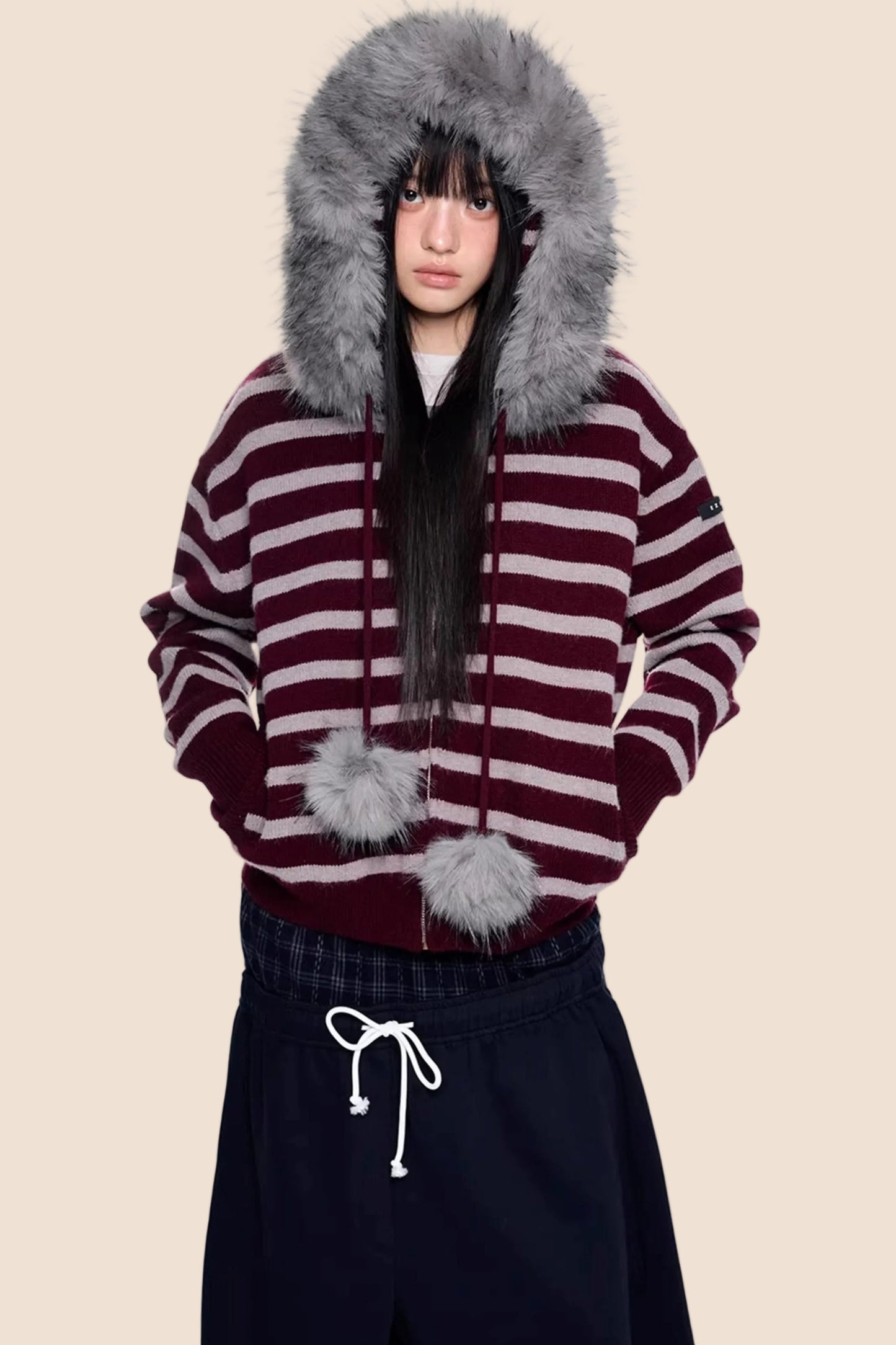 Fur Collar Striped Knit Cardigan