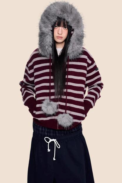 Fur Collar Striped Knit Cardigan