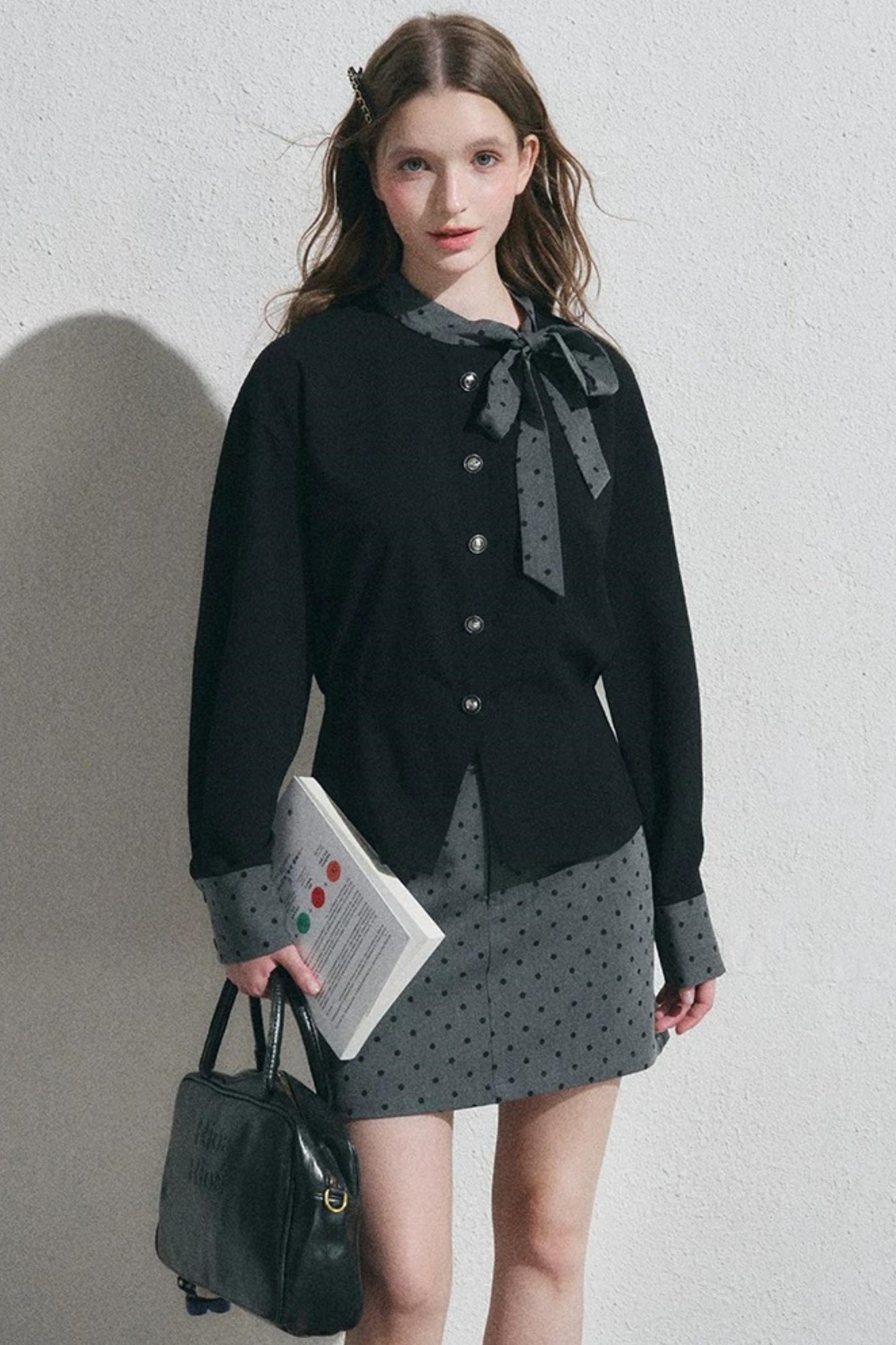 Gray Polka Dot Pullover Shirt and Half-Length Skirt Set-Up