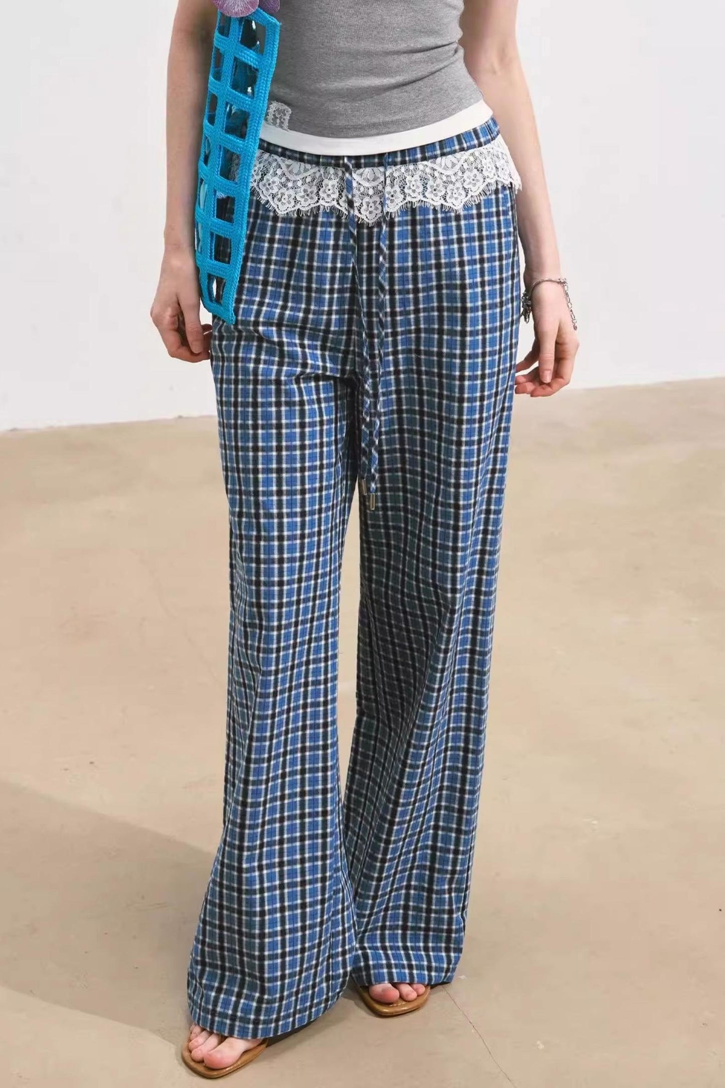 Blue Lace-Trimmed Plaid Wide-Leg Pants