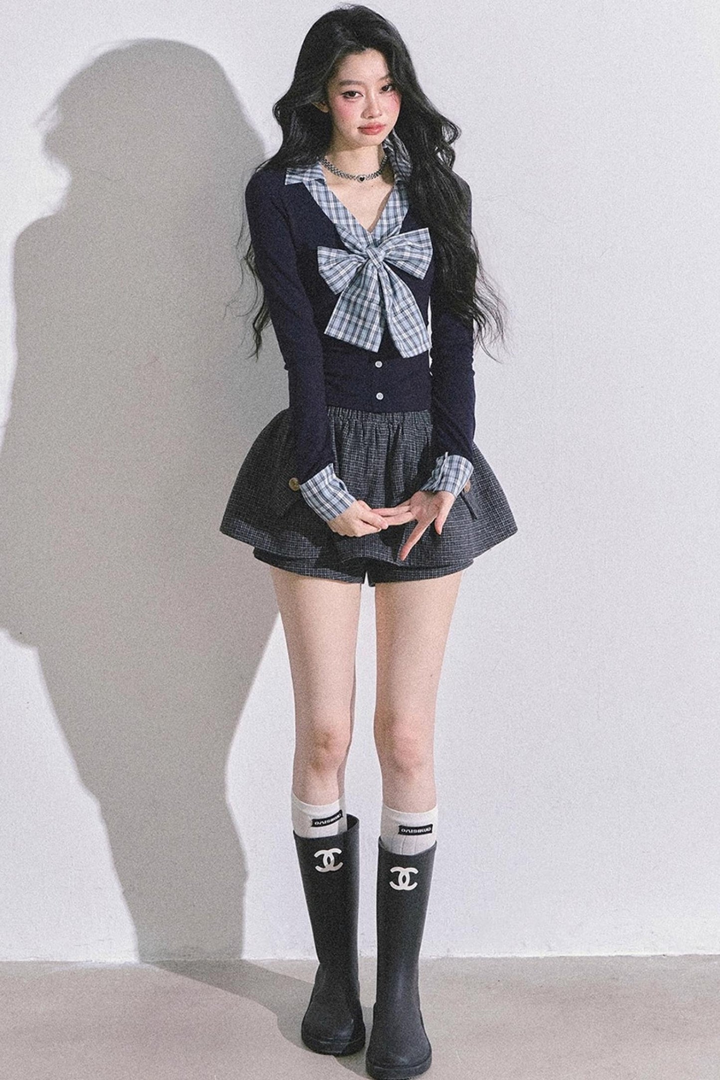 American Long-Sleeved Bow Plaid T-Shirt