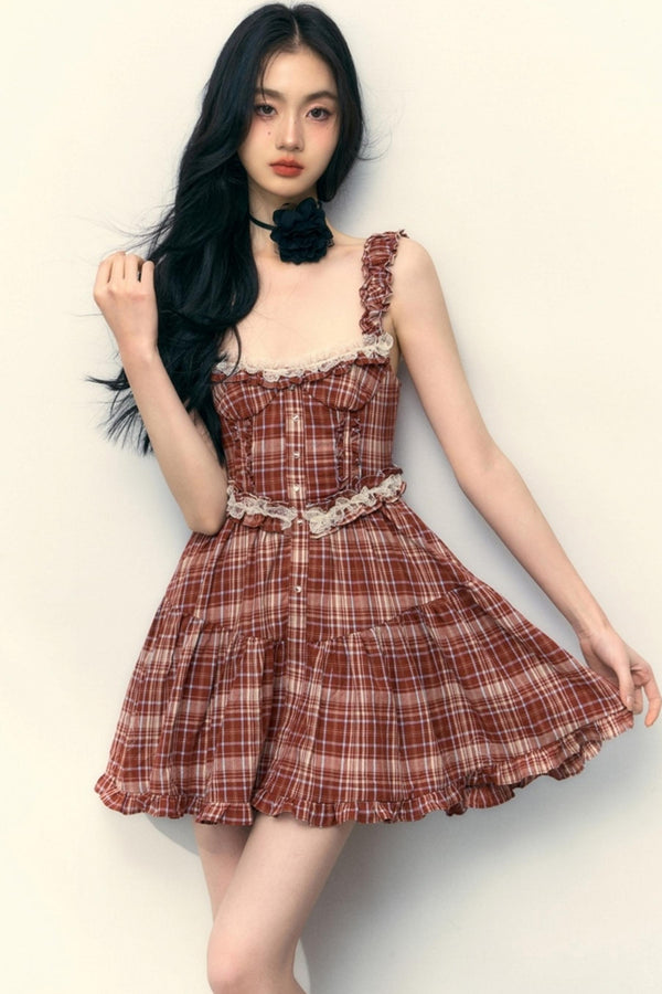 Pink Plaid Ruffle Lace Cami Dress