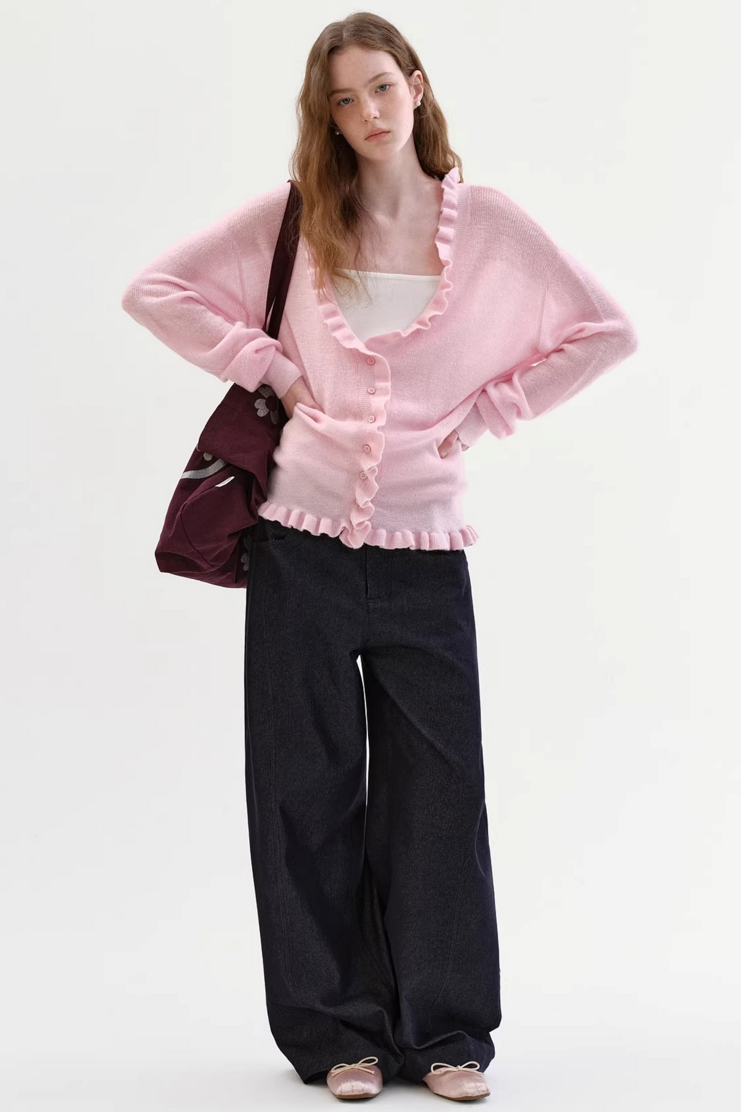 Mohair V-Neck Ruffled Sweater