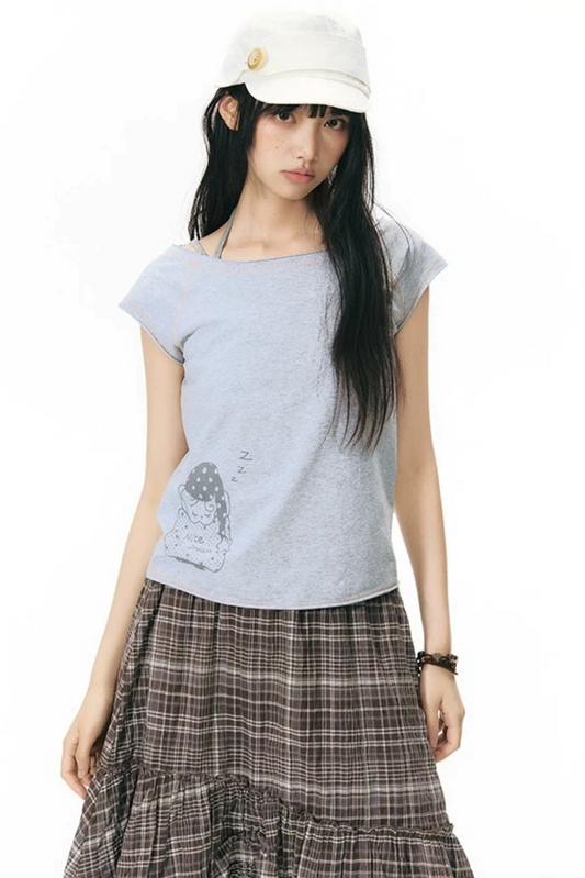 Starwii Printed Asymmetrical Shoulder Frayed Neckline T-Shirt