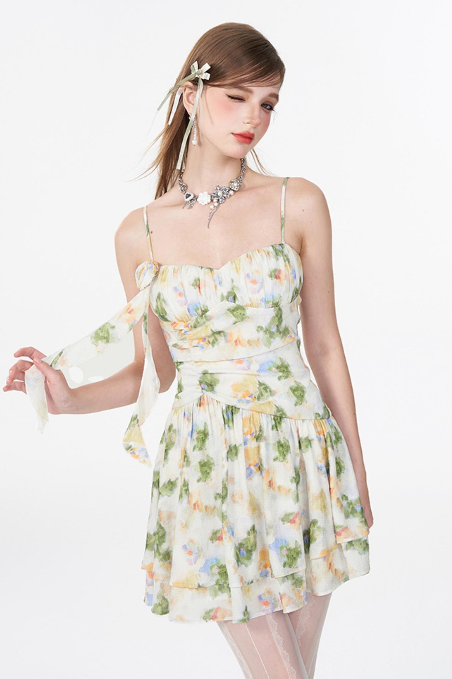 Floral Elegance Shrink-Waist Cami Dress