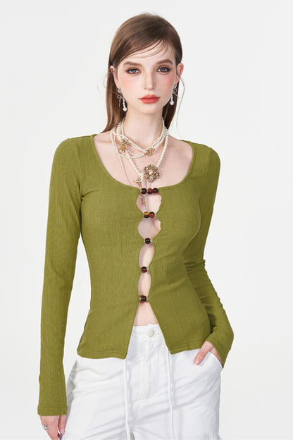 Color Beaded U-Neck Long Sleeve Tee