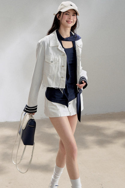 White Navy Short Denim Jacket Set-Up