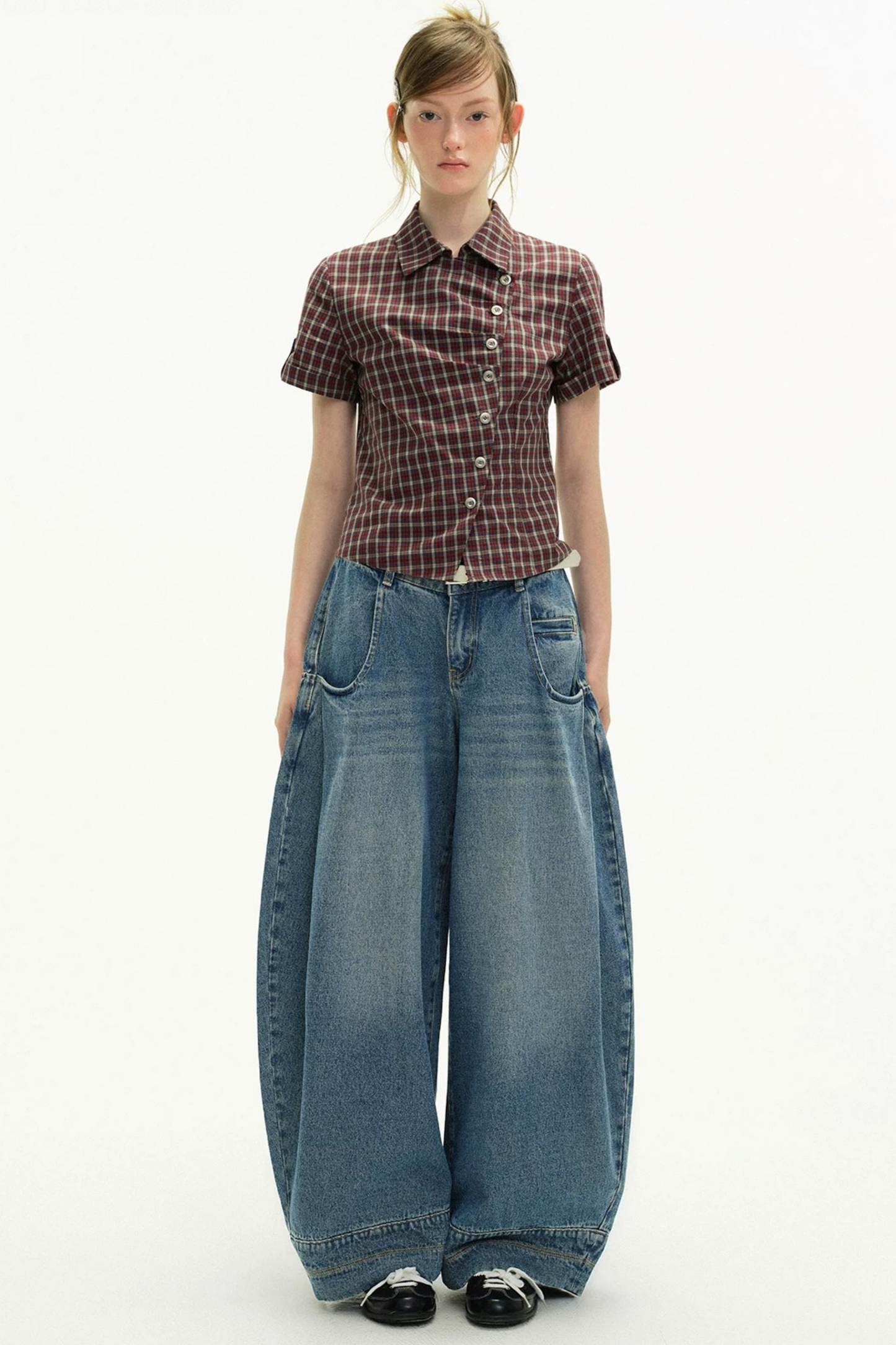 Diagonal Placket Plaid Blouse