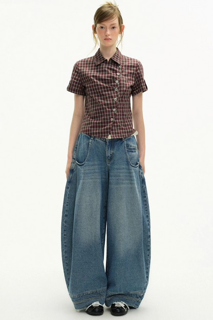 Diagonal Placket Plaid Blouse
