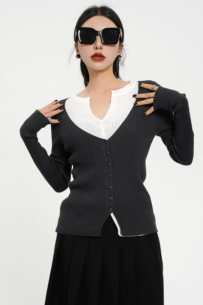 SRYS AM AMERIKANISCHEN V-AUSSCHNITT KONTRAST GEFÄLSCHTE ZWEI DÜNNE SCHLANKE STRICKPULLOVER KLEINE STRICKJACKE TOP HERBST NEUE FRAUEN