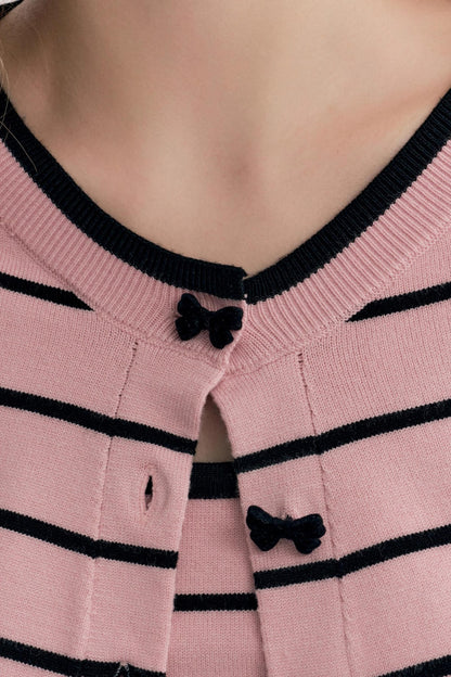 Striped Knit Suspender Cardigan & Top Set
