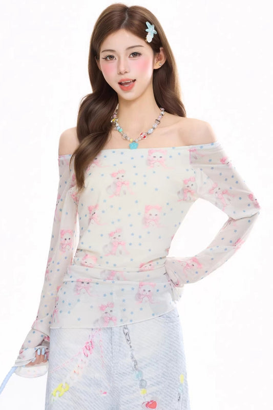 One-Shoulder Star Print Blouse