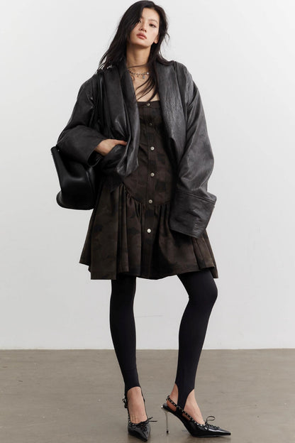 Vintage Pleated Ebony Brown PU Jacket