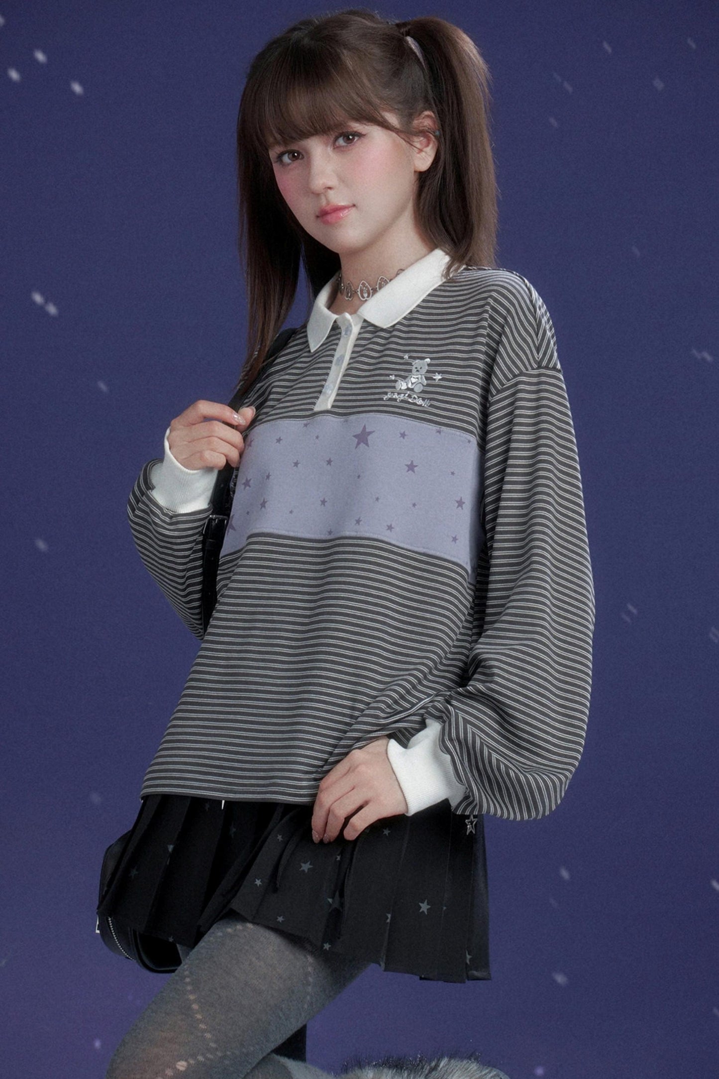 Gray and Purple Striped Polo Top