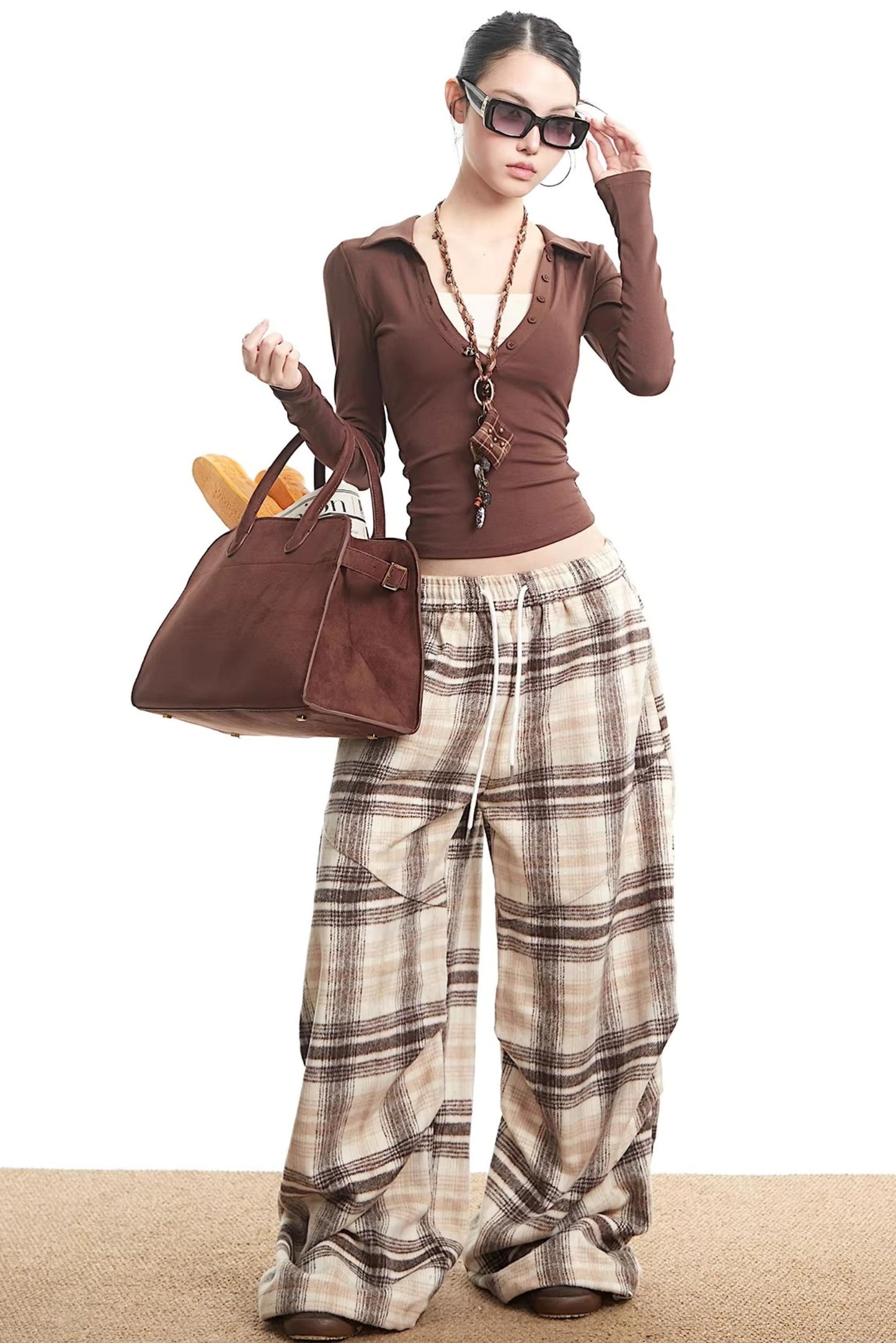 Retro Scimitar Plaid Wide-Leg Pants