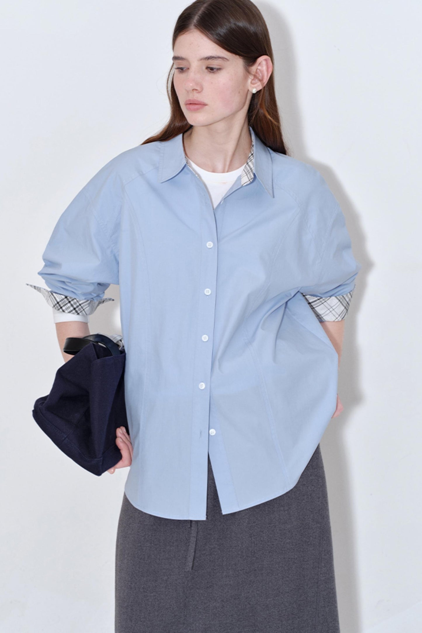 White Mist Blue Check Patchwork Top