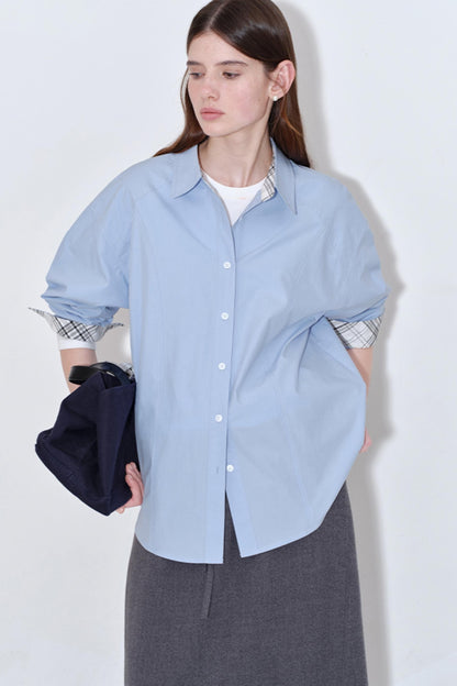 White Mist Blue Check Patchwork Top