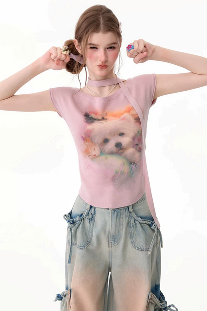 Pink Puppy Print Slim Fit T-Shirt